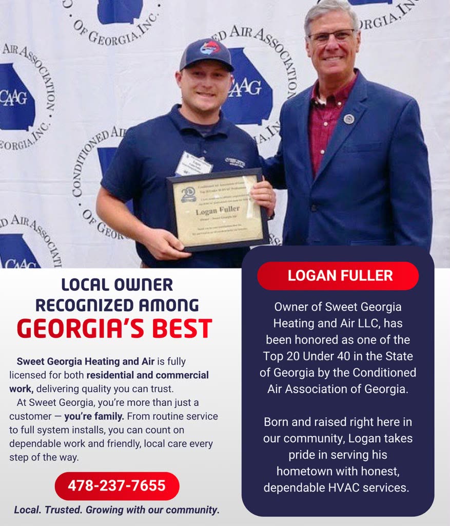 Logan Fuller, owner of Sweet Georgia Heating and Air, receiving a Top 20 Under 40 award from the Conditioned Air Association of Georgia