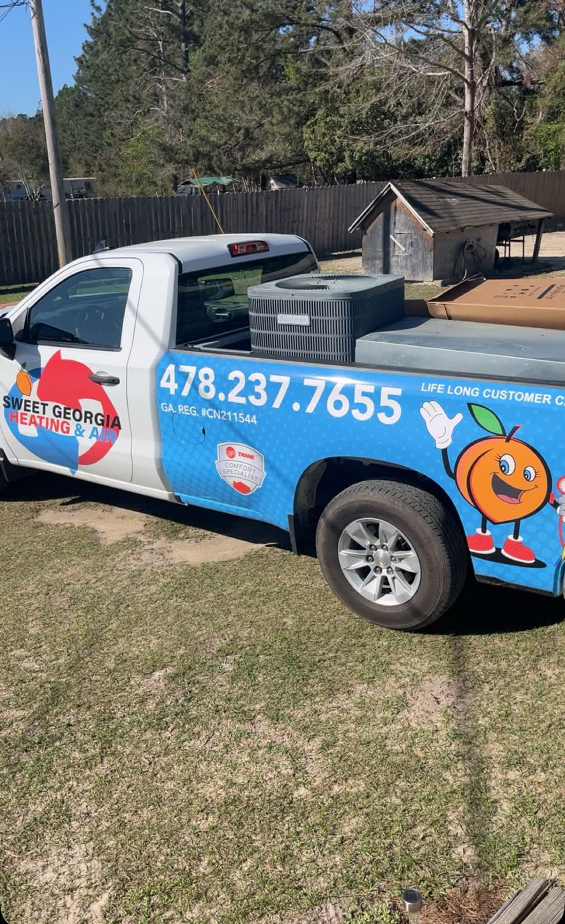 A new condensing unit loaded in a Sweet Georgia Heating and Air truck, headed out for a Twin City installation